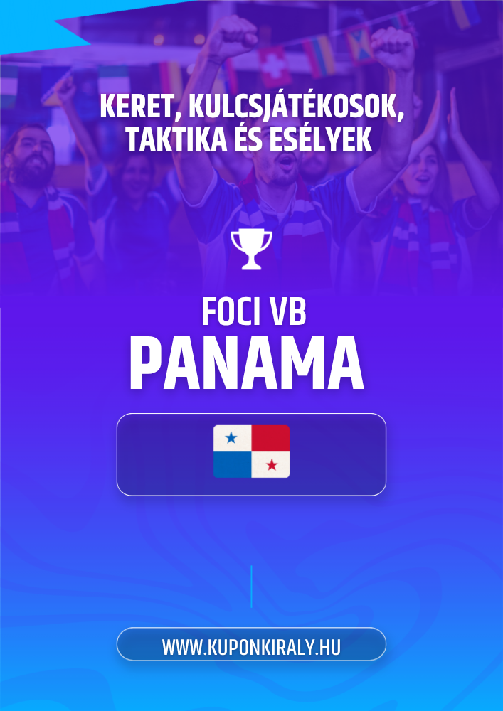 Lila-kék promóciós háttér, szurkolók karral, kupakos logó, FOCI VB PANAMA felirat és zászló.