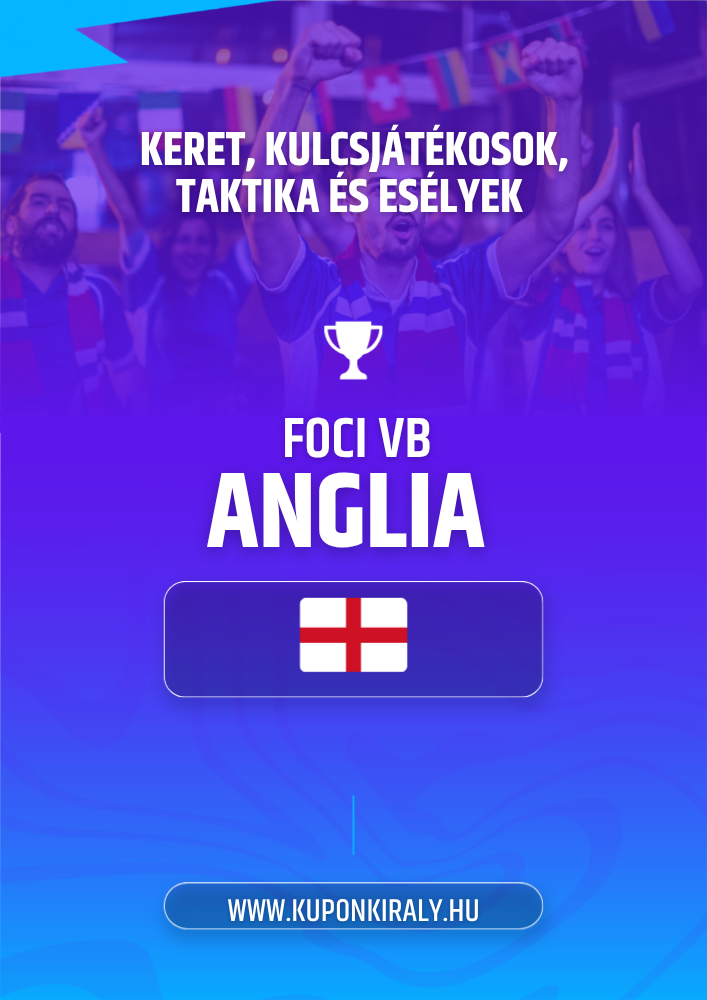 Lila-kék promóciós poszter, szurkolók karral, kupak ikon, FOCI VB ANGLIA felirat, angol zászló.