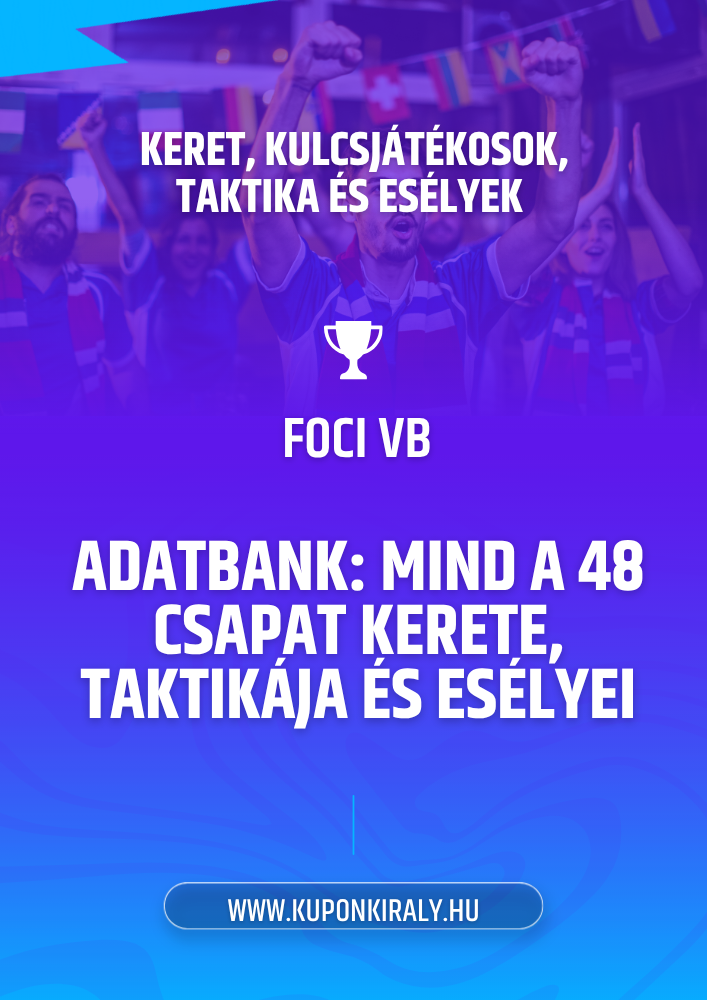 Lila-kék promóciós poszter, szurkolók karral, kupak ikon, szöveg: FOCI VB, adatbank, 48 csapat.