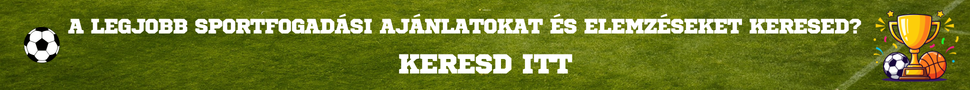 Zöld futballpálya háttér, labdák és trófea ikon, magyar szöveg a sportfogadási ajánlatokról.
