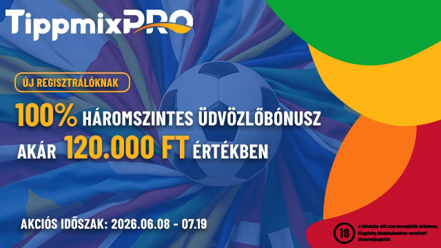 Kék háttér, mosolygó labda és színes körök, promóciós szöveg: 100% háromszintes üdvözlőbónusz 120 000 Ft.