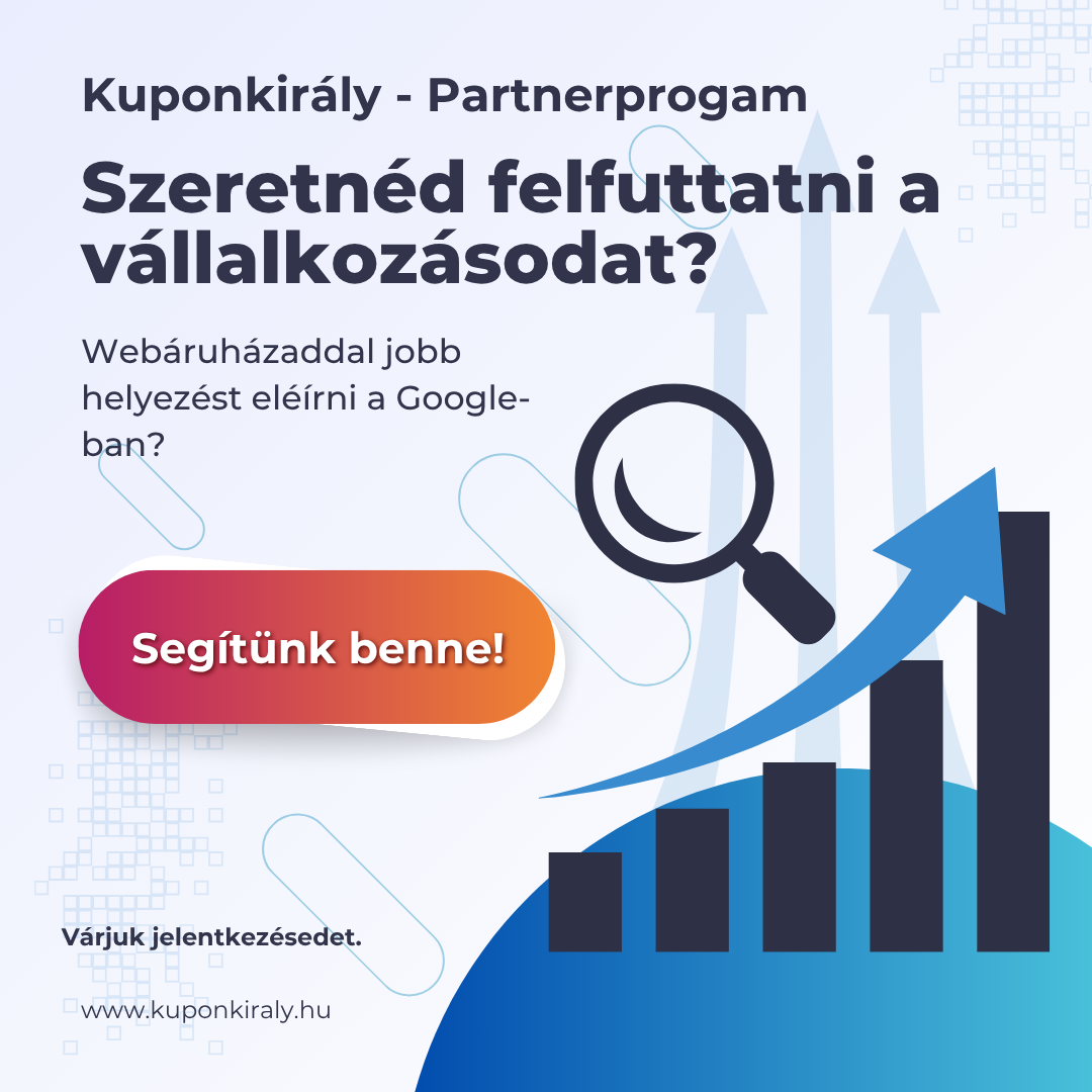 Kuponkirály partnerprogram promóciós grafika, növekvő oszlopok, felnagyító ikon és „Segítünk benne!” felirat.