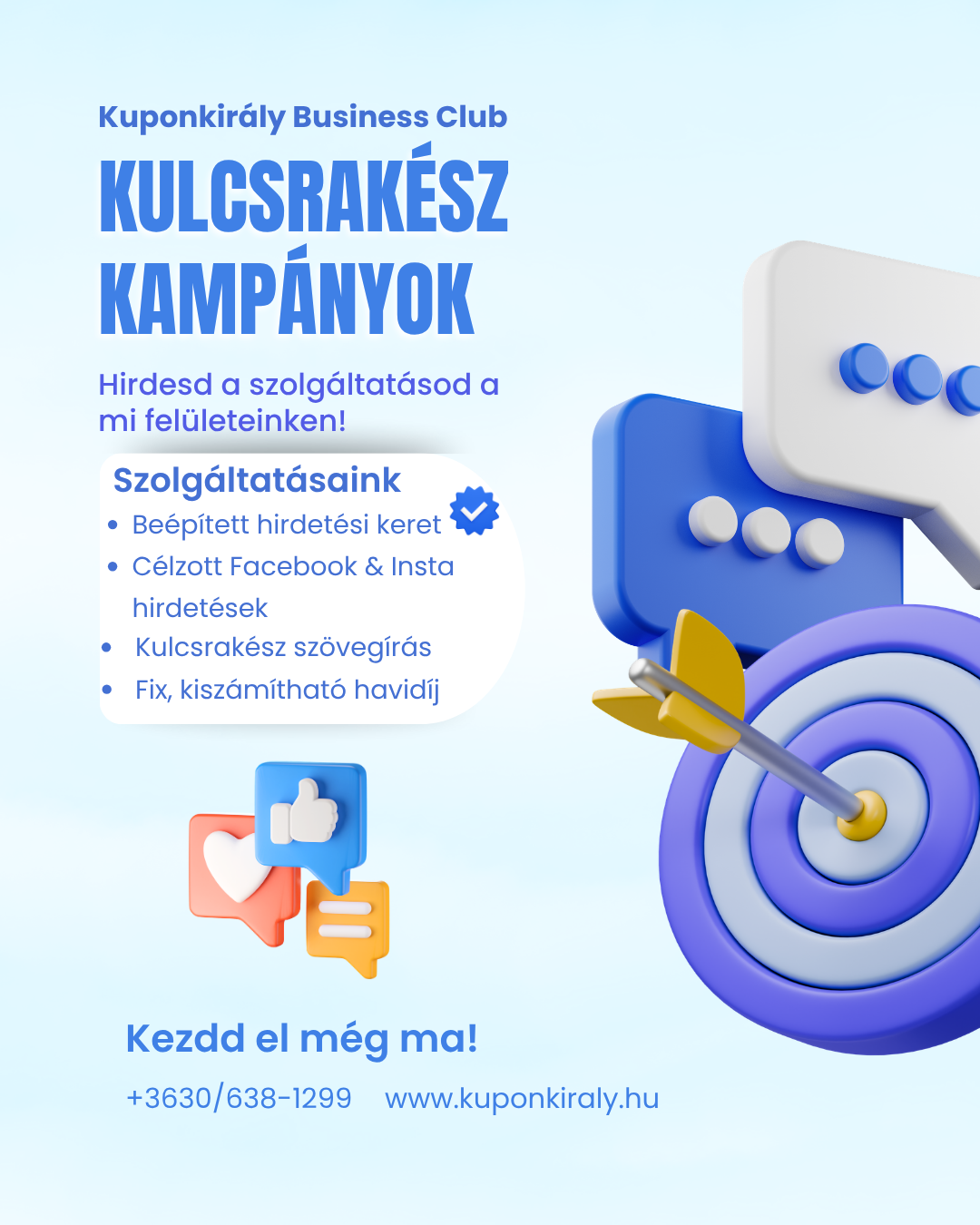 Kuponkirály partnerprogram promóciós grafika, növekvő oszlopok, felnagyító ikon és „Segítünk benne!” felirat.