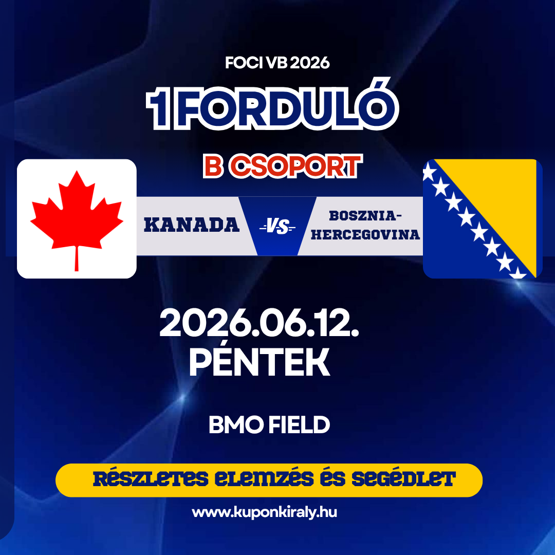 Foci VB 2026 1Forduló: Kanada–Bosznia-Hercegovina mérkőzés, 2026.06.12, BMO Field, kuponkirály.hu promó.