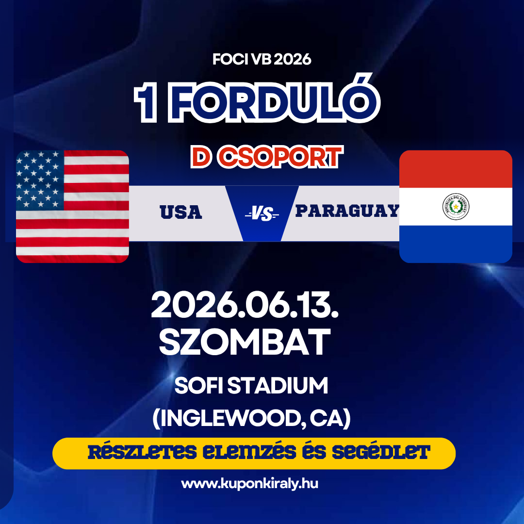 Foci VB 2026 mérkőzés plakát: USA–Paraguay, 2026.06.13, SoFi Stadium, kuponkiraly.hu, kék háttérrel.