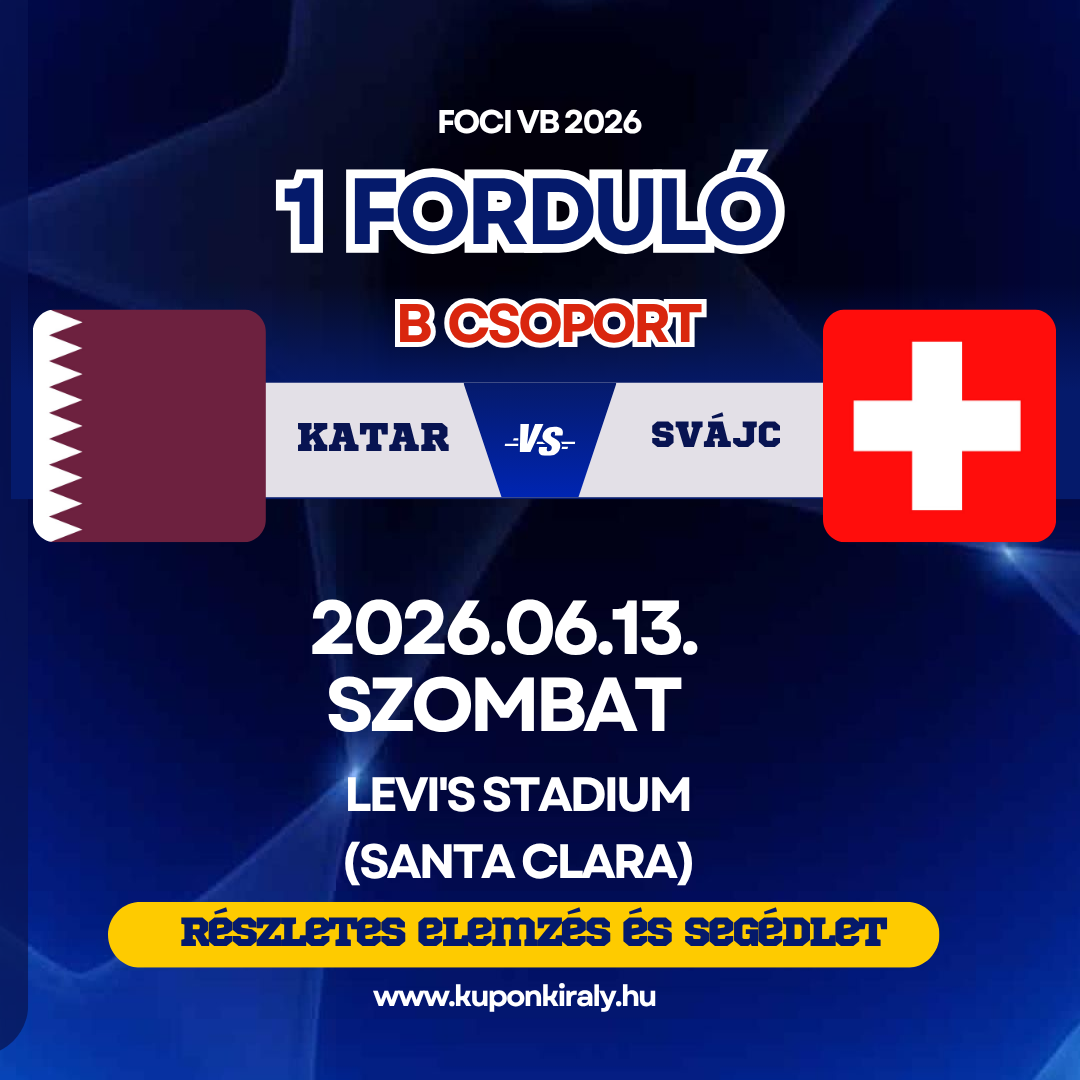 FOCI VB 2026 1 forduló, Katar–Svájc mérkőzés, 2026.06.13. Levi’s Stadion, kuponkirály.hu promóció.