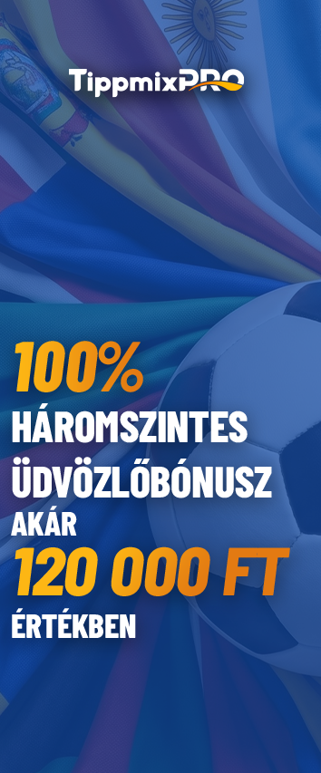 Kék futball-labdák és hullámzó háttér, TippmixPRO felirat, 100% háromszintes üdvözlőbonusz és 120 000 Ft.