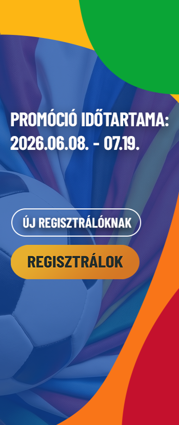 Kék futball-labda háttér, színes ívek, fehér szöveg: Promóció időtartama 2026.06.08–07.19, gomb: Regisztrálok.