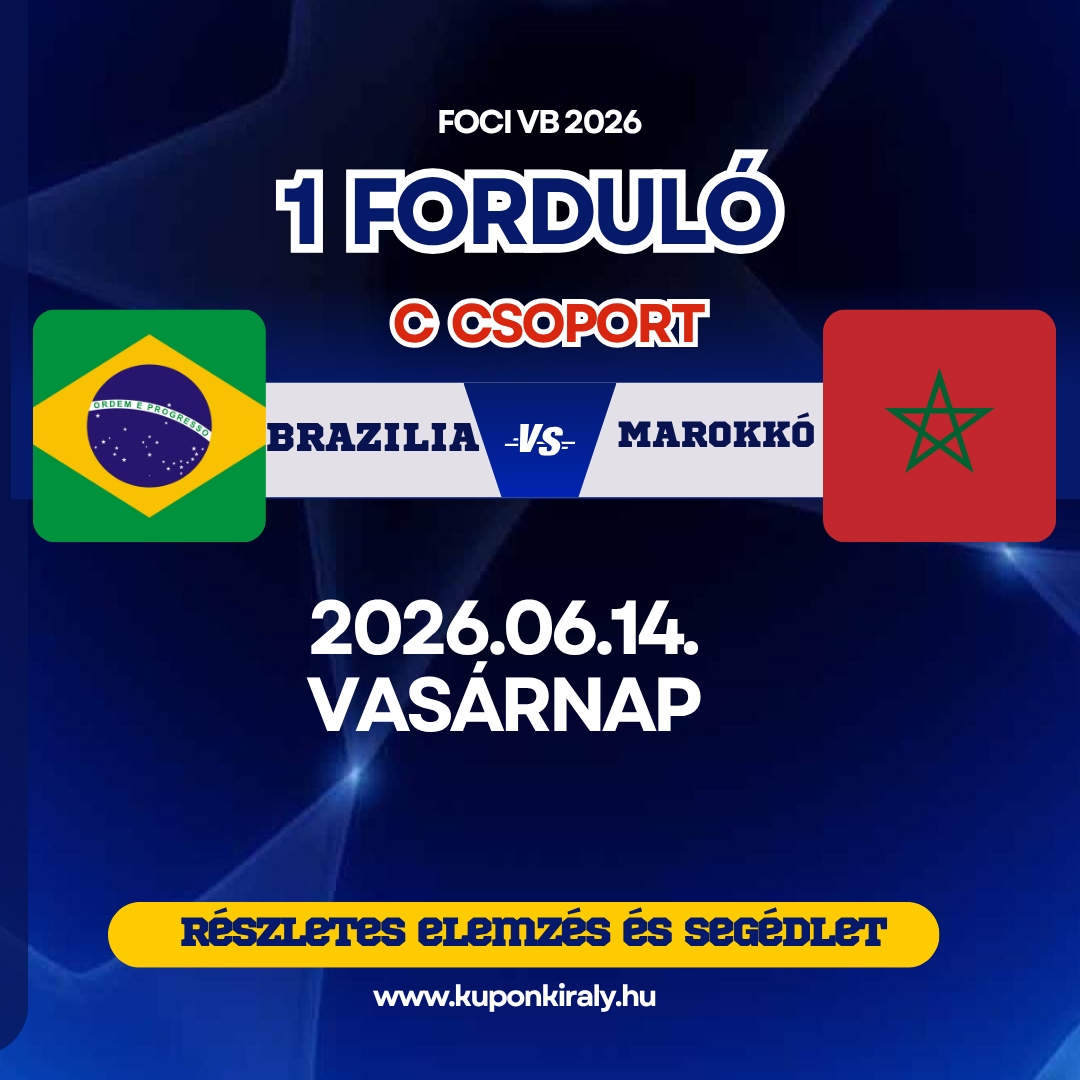 FOCI VB 2026 1 forduló: Brazília–Marokkó, 2026.06.14. vasárnap, kuponkirály.hu, brazil és marokkói zászlókkal.