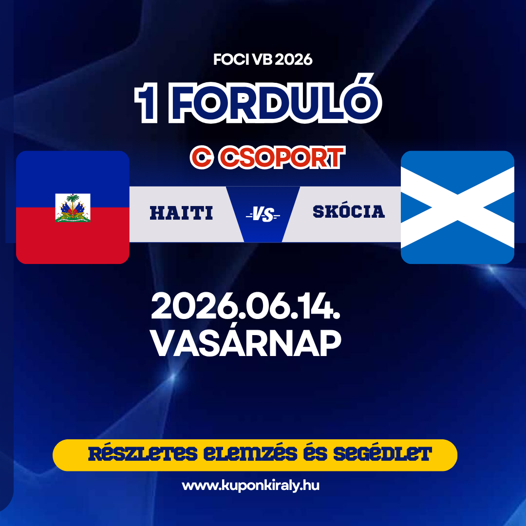 FOCI VB 2026 mérkőzés plakát: Haiti–Skócia, 2026.06.14., vasárnap, zászlókkal és kuponkirály.hu felirattal.
