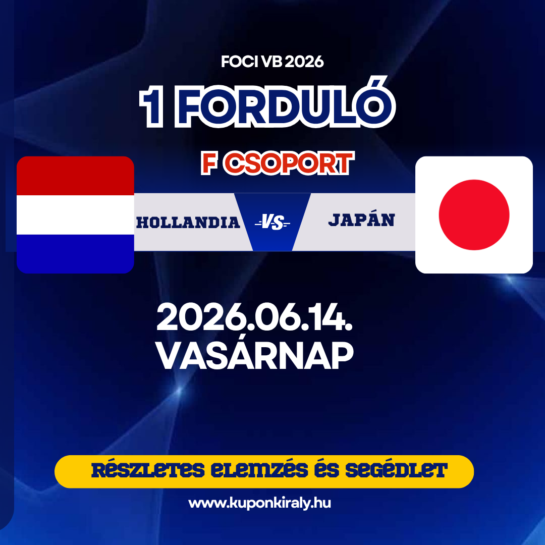 Foci VB 2026 mérkőzés plakát: Hollandia–Japán, 2026.06.14., kék háttér, zászlók és FCSOport logó.