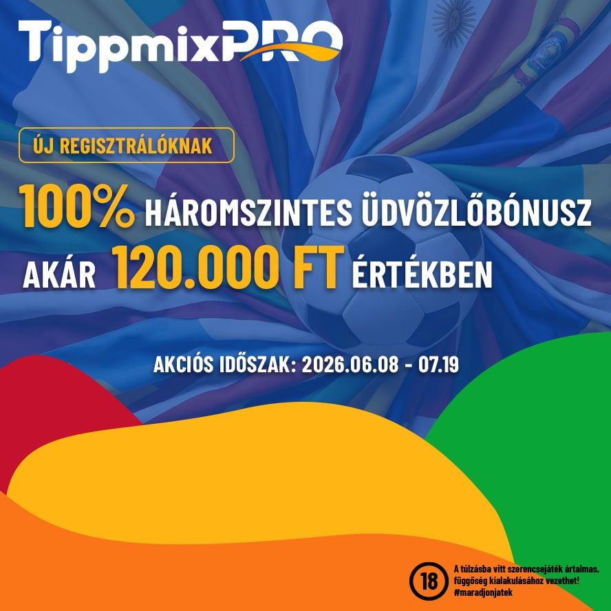 Kék háttér, lila virágszirmok, nagy lufi és promóciós szöveg: 100% háromszintes üdvözlőbónusz 120 000 Ft.