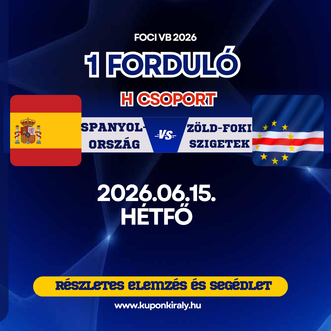 Spanyolország–Zöld-foki-szigetek focimeccs plakát, kék háttérrel, dátummal és kuponkinálattal.