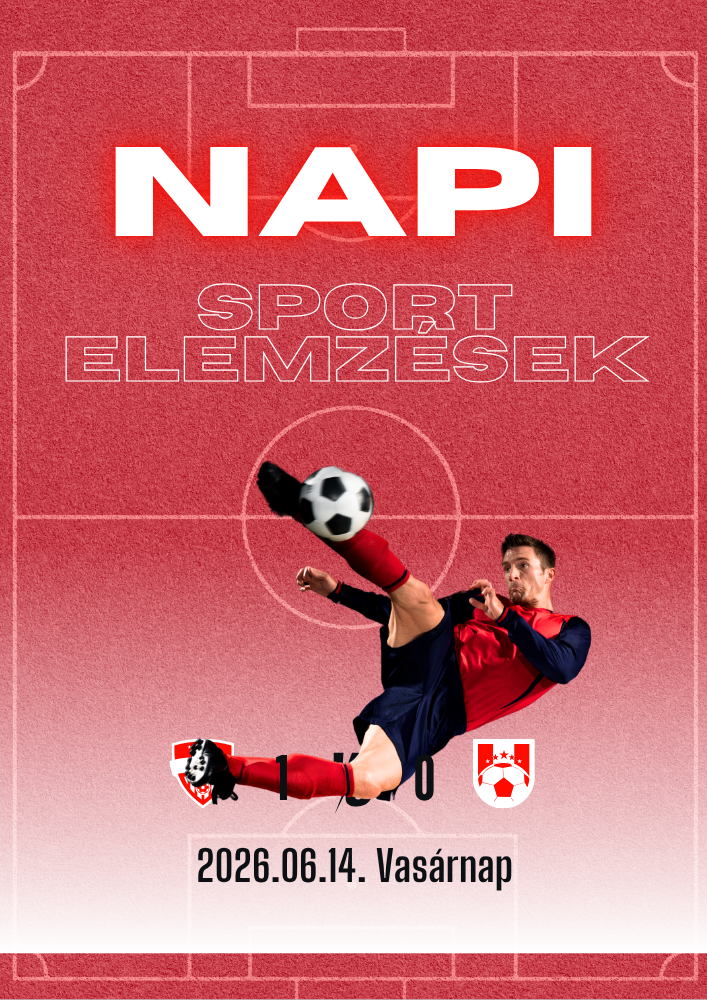 Piros futballposzter, „NAPI SPORT ELEMZÉSEK” felirattal, játékos labdával és dátummal: 2026.06.14. Vasárnap.