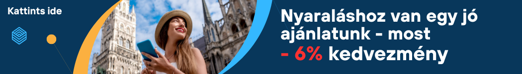 Mosolygó nő okostelefonnal, háttérben gótikus épületek, kék-narancs promóciós sáv 6% kedvezménnyel.