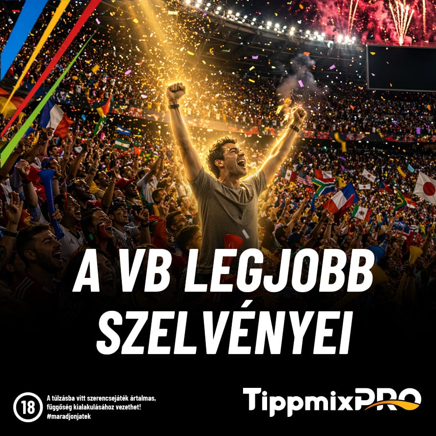 Ünneplő tömeg stadionban, konfetti és fáklyák, felmutatott ököllel, nagy felirat: „A VB LEJCJÖBB SZEL VÉNYEI”.
