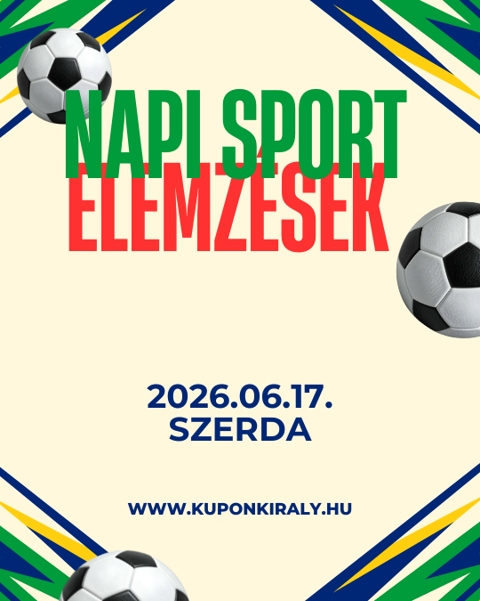 Zöld-kék futballmintás plakát, két labdával, „Napi Sport” és „Elemzés” felirattal, dátummal és webcímmel.