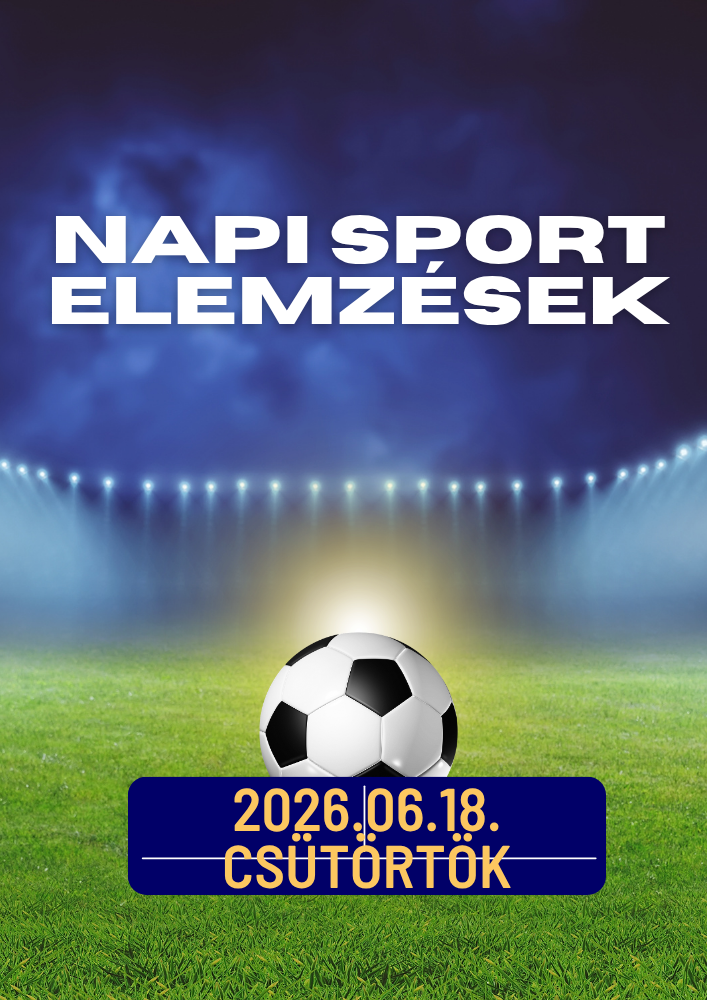 Futballpálya kék fénysorral, középen labda, felül „NAPI SPORT ELEMZÉSEK”, alul dátum és „CSÜTÖRTÖK”.