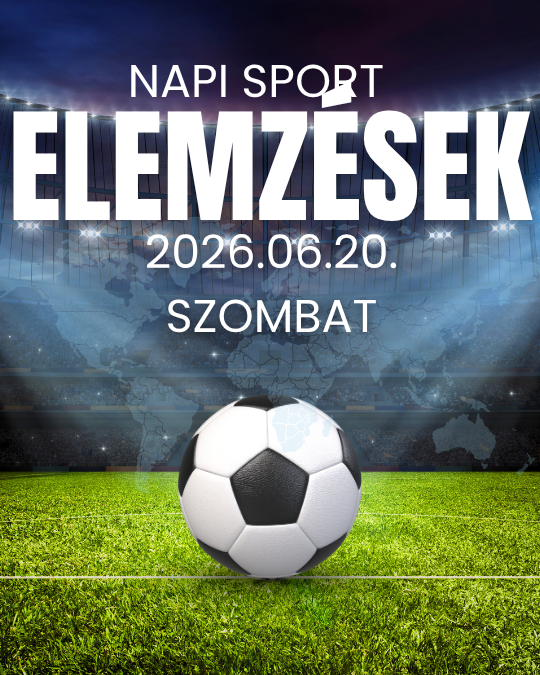 Focilabda zöld gyepen, háttérben stadion és világtérkép, felirat: Napi Sport, ELEMZÉSEK, 2026.06.20. szombat.