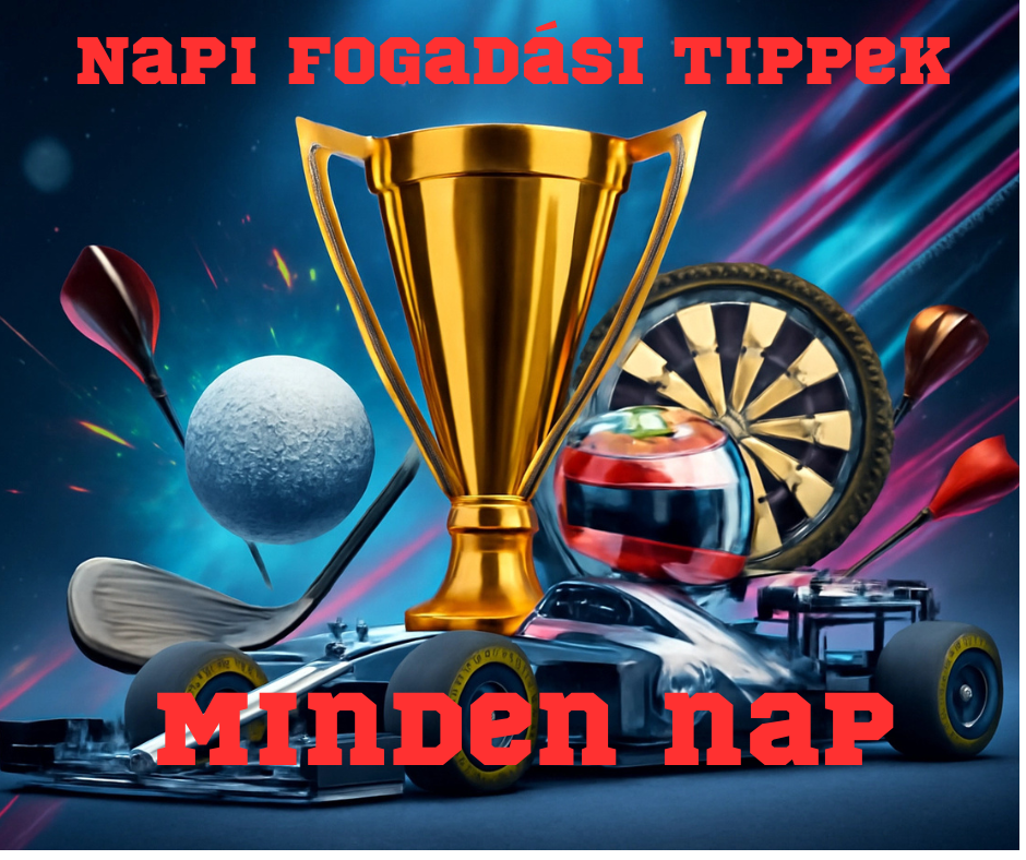 Arany kupa, gokartok kerekekkel, golfütők és golyó, színes fénycsíkokkal, „Napi fogadási tippek” felirattal.