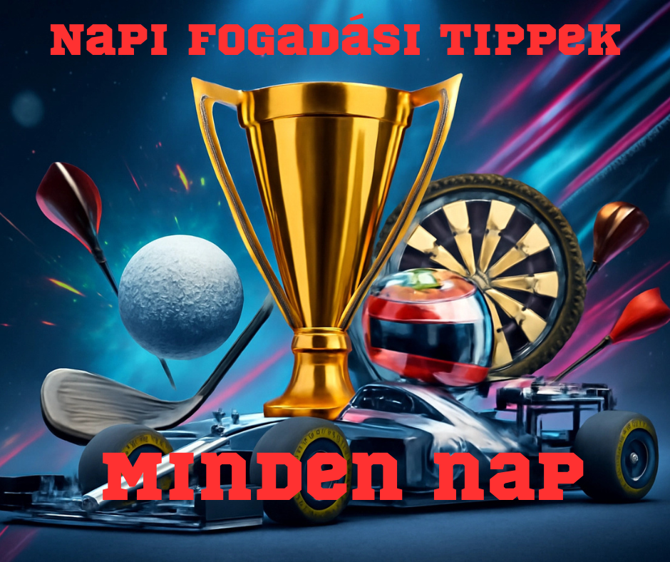 Arany kupa, hokiütők és golyó, versenyautó és kerekek, neon háttérrel, „Napi fogadási tippek” felirattal.