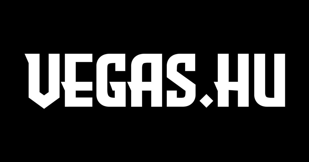 Fehér, vastag betűs „VEGAS•HU” felirat fekete háttéren, éles, sportos tipográfiával.