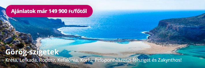 Kék tenger és homokos öböl görög szigetek tájképe, sziklás partokkal, felül akciós szöveg.
