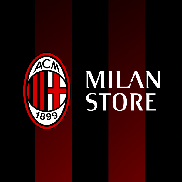 AC Milan címer és „MILAN STORE” felirat piros-fekete csíkos háttéren.