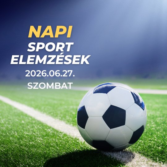 Focilabda fűpályán, kék-zöld háttérrel; NAPI SPORT ELEMZÉSEK felirat és dátum: 2026.06.27. szombat.