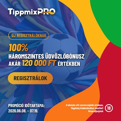 Kék futballlabdás promóciós borító, sárga-zöld-piros háttérrel, „100%” és „120 000 FT” szöveggel.