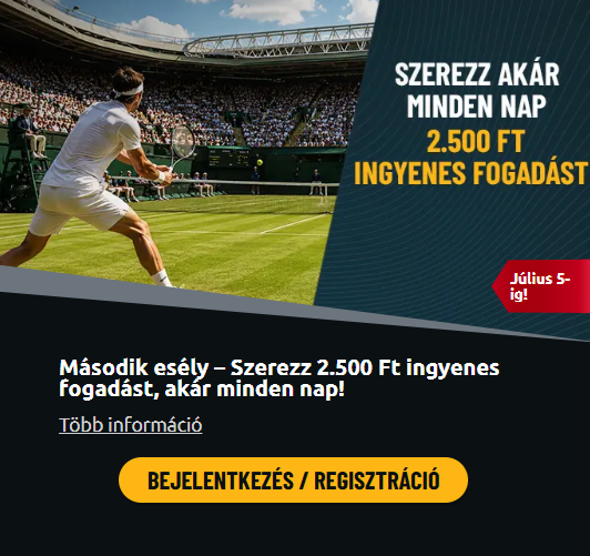 Teniszpályán játékos ütővel, stadion lelátóval; promóciós szöveg és gomb a képernyő jobb oldalán.