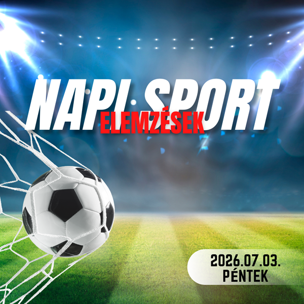 Kék stadionháttér, világító reflektorok, focilabda és „NAPL. SPORT” felirat, piros „ELEMEZSEK” jelzéssel.