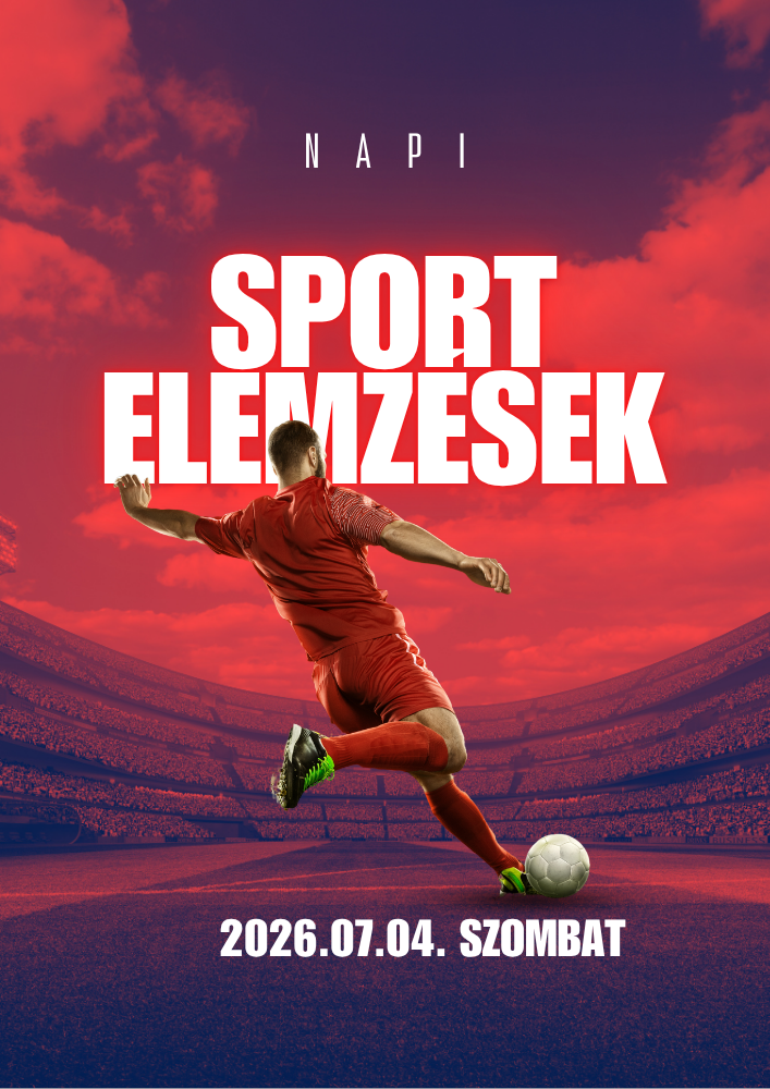 Futballista repül a stadionban, piros-kék égbolt, nagy felirat: Sport Elemzés, 2026.07.04. Szombat.