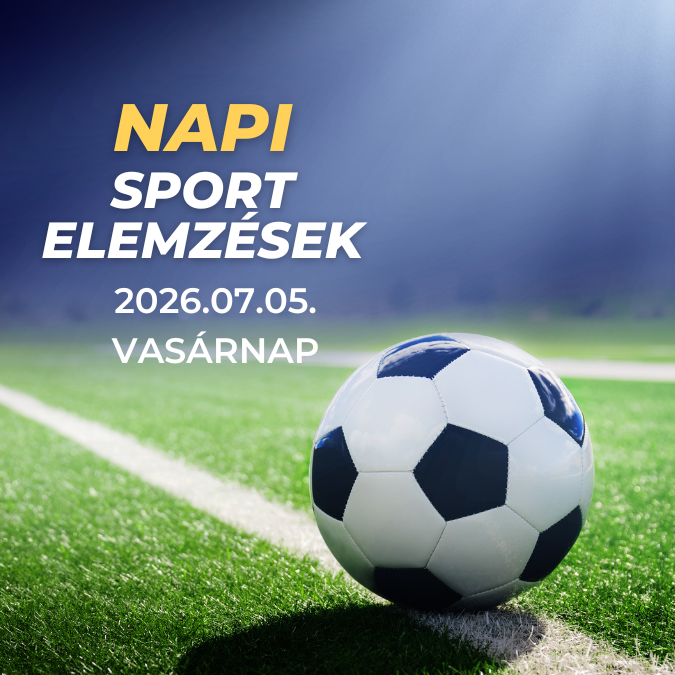 Focilabda fűpályán, kék-zöld háttérrel, „Napi sport elemzések” szöveg és dátum: 2026.07.05. vasárnap.