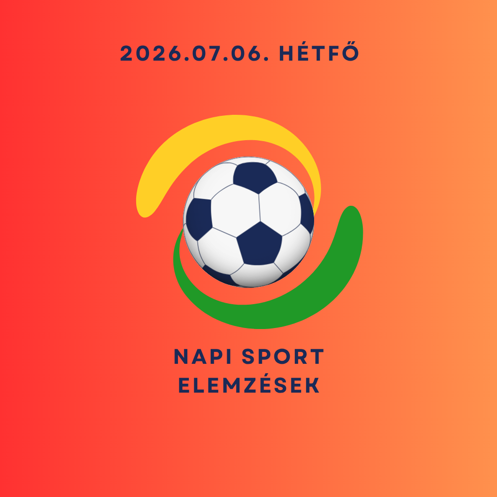 Narancs-piros háttéren futball-labda, szivárványszerű ívekkel és „2026.07.06. HÉTFŐ” felirattal.