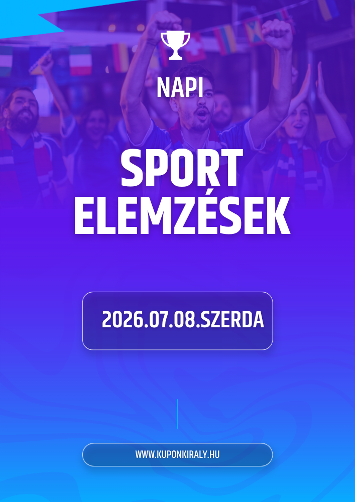Lila-kék promóciós plakát: felhúzott karokkal ünneplő sportolók, „Sport Elemzések” és dátum: 2026.07.08.