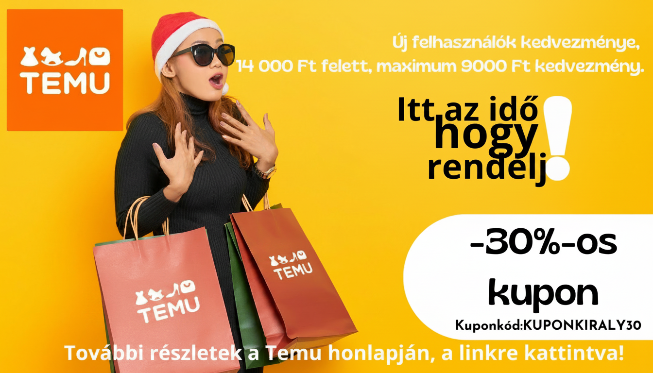 Napsárga háttér előtt napszemüveges nő piros sapkában, bevásárlótáskákkal, TEMU kuponakció szöveggel.