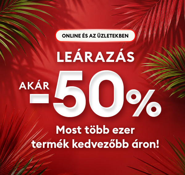Piros akciós reklám trópusi pálmalevelekkel, „LEÁRAZÁS” felirat és 50% kedvezmény szöveg.