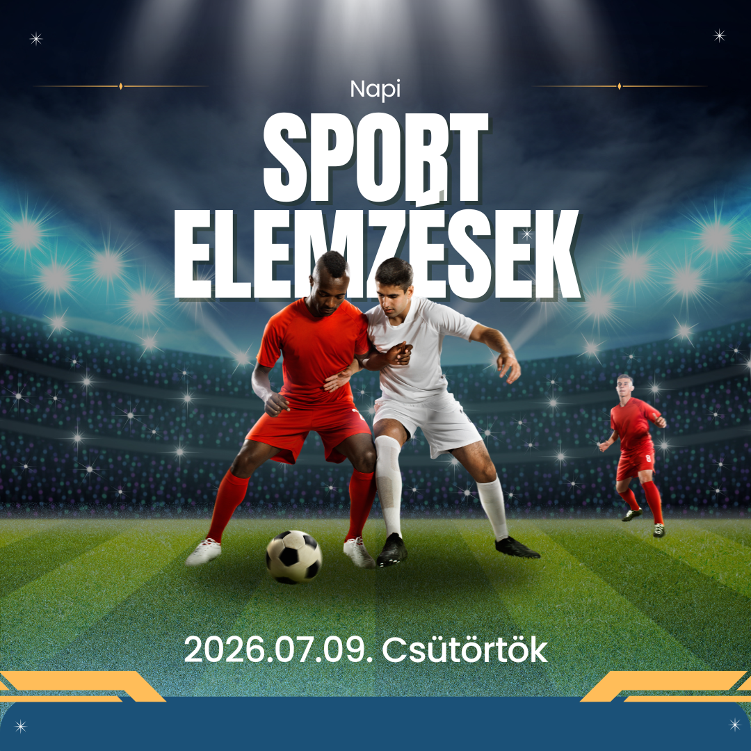 Futballisták piros és fehér mezben labdáért küzdenek, stadionfényekkel és „Sport Elmezsek” felirattal.