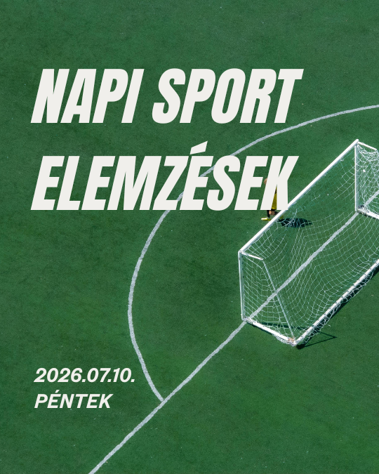 Zöld futballpálya, fehér kapu és háló, NAPI SPORT ELEMZÉSEK felirat, dátum: 2026.07.10. péntek.