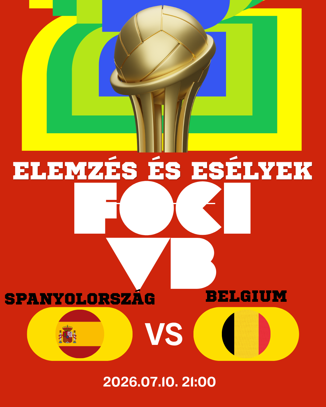 Arany futballtrófea a színes háttér előtt, „Elmezés es esélyek” felirat, Spanyolország–Belgium mérkőzés plakát.