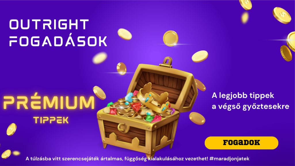 Lila háttéren nyitott kincsesláda aranyérmékkel, feliratokkal: Outright fogadás, Prémium tippek, Fogadok gomb.