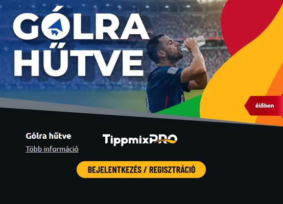 Futballstadionban ünneplő játékos, „Gólra hűtve” felirat és TippmixPro regisztrációs gomb a banneren.