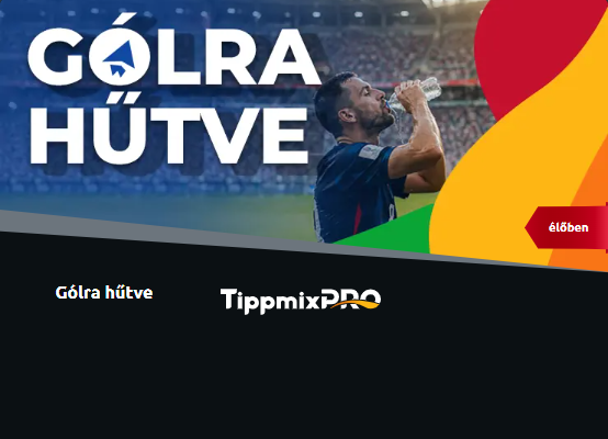 Futballstadionban ünneplő játékos, „Gólra hűtve” felirat és TippmixPro regisztrációs gomb a banneren.