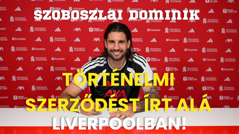 Mosolygó férfi Liverpool mezben, vörös háttérrel és sárga-fekete feliratokkal: „Örötenelmi szerződést írt alá”.