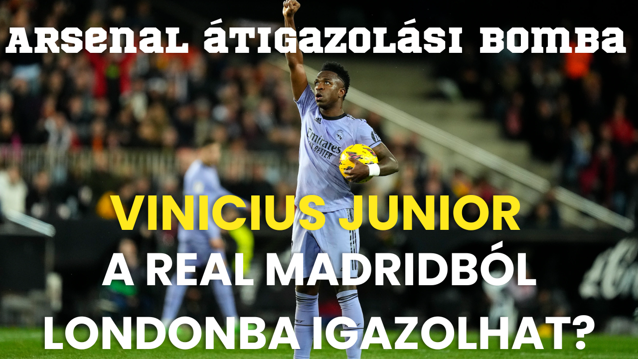Real Madrid mezben futballista labdával, magasba emelt karral, stadionban, nagy feliratokkal.